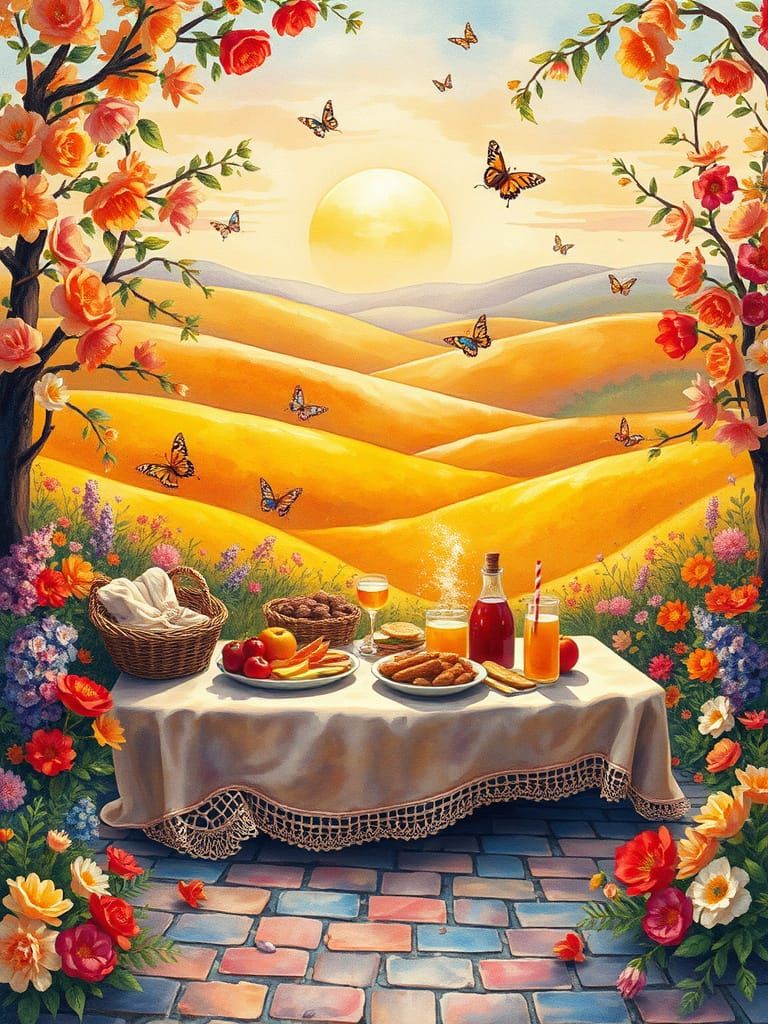 Vibrant Watercolor Picnic Scene in a Lush Blossoms Forest