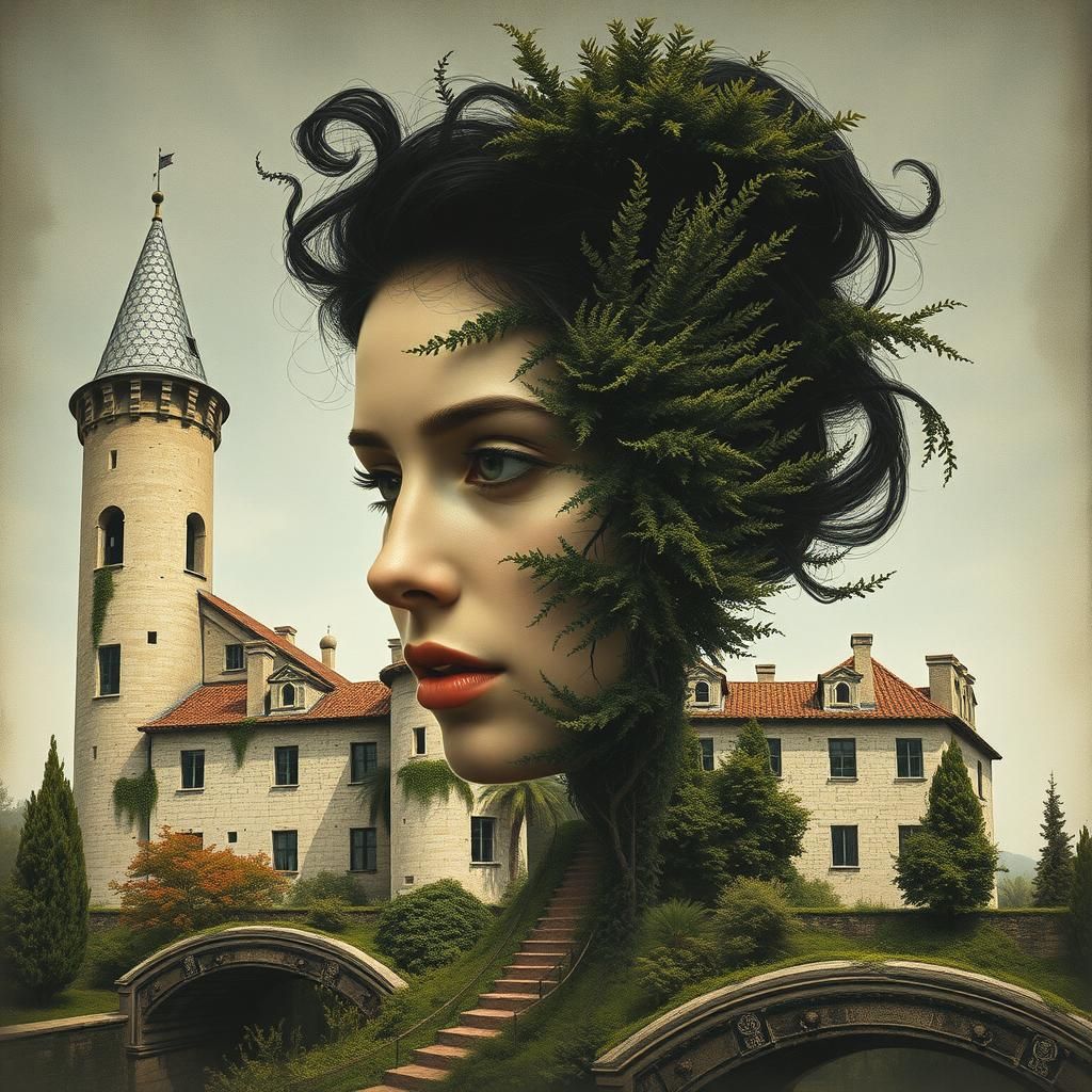 Surreal Woman's Face Merging with Ancient Castle