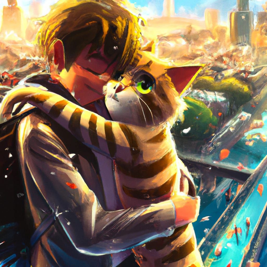 Cat Hugs Man in Comic Book Anime Style