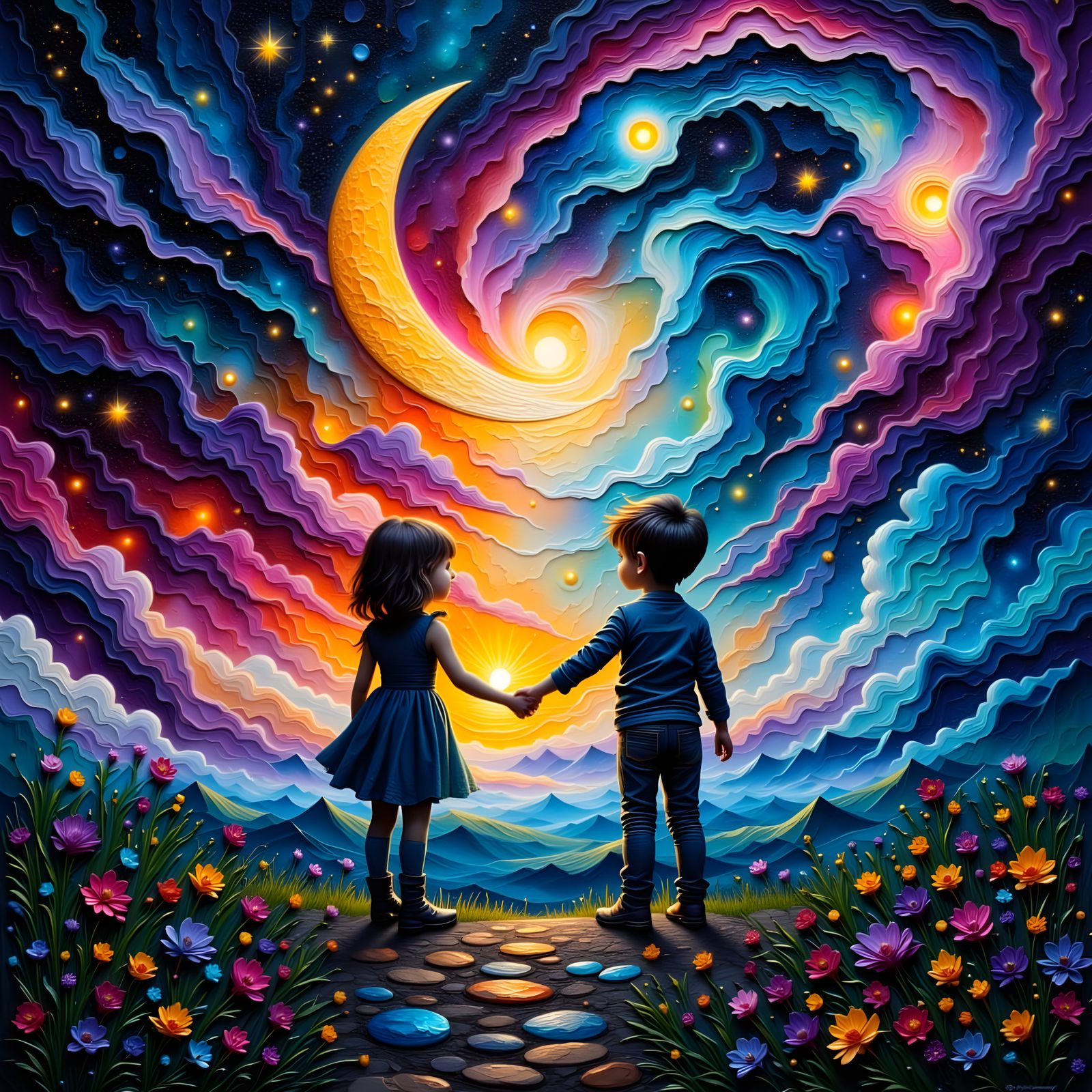 Children Admire Cosmic Nebula Under Golden Moon