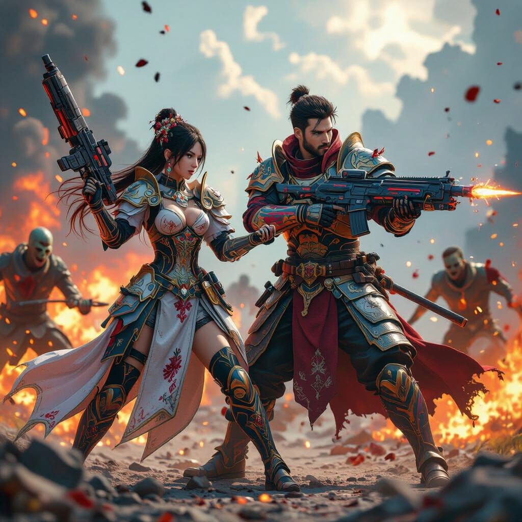 Armored Warriors in Fiery Battle, Hyper-Realistic Render