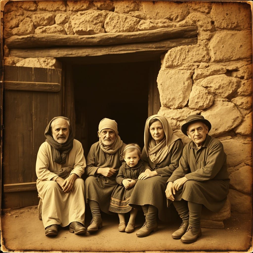 Traditional Italian Shepherd Family in Sepia-Toned Portrait