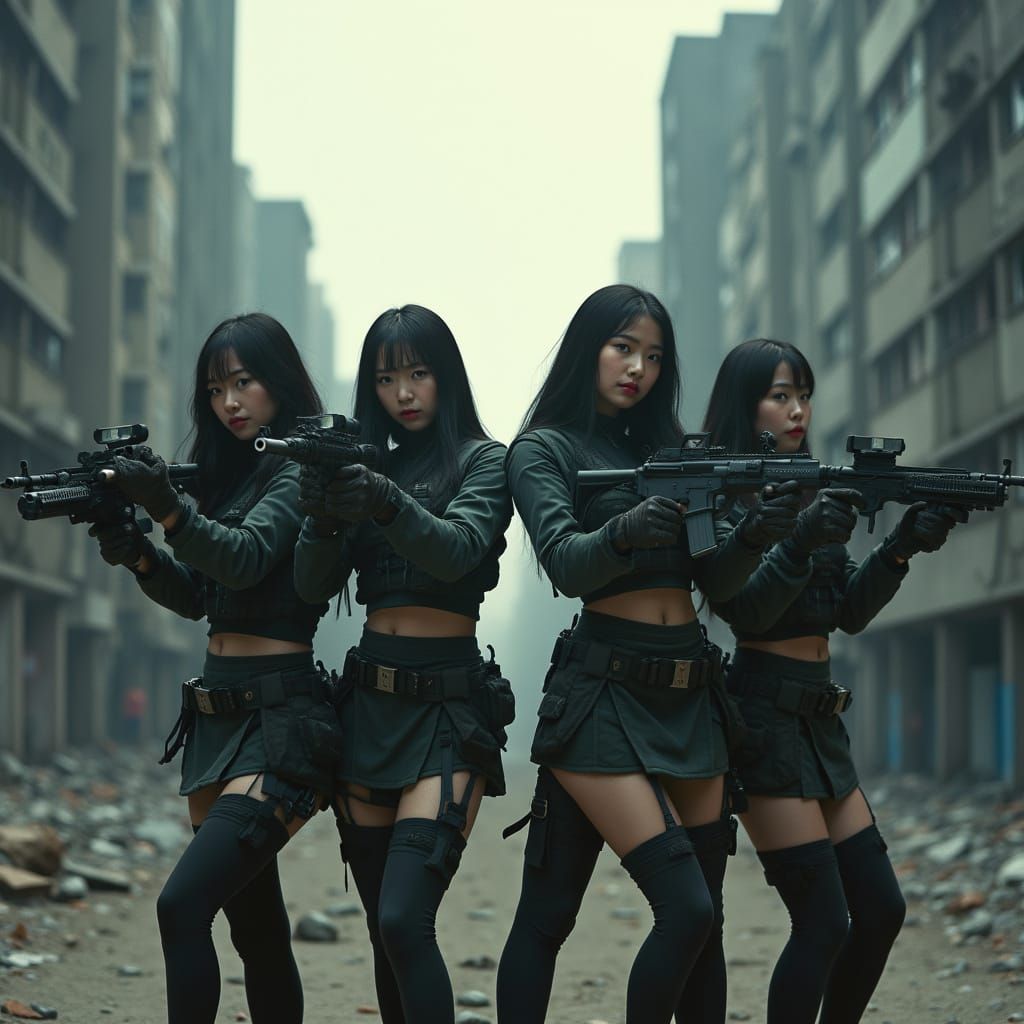 Kpop Group in Tactical Gear Amidst War, Cinematic Style