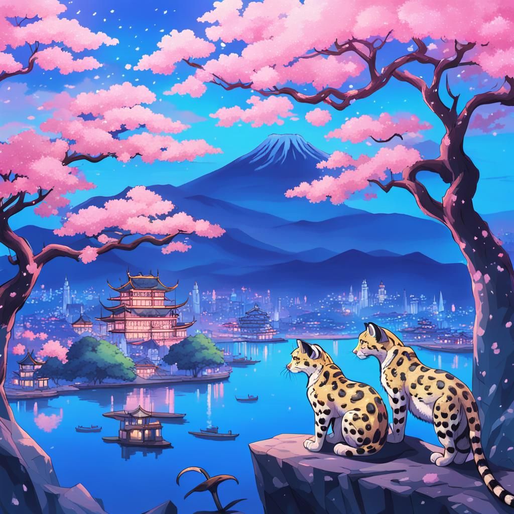 Sakura Tree and Clouded Leopards in Anime Style