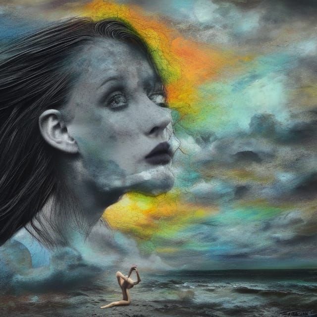 Dark-Haired Woman on Beach in Expressionist Style