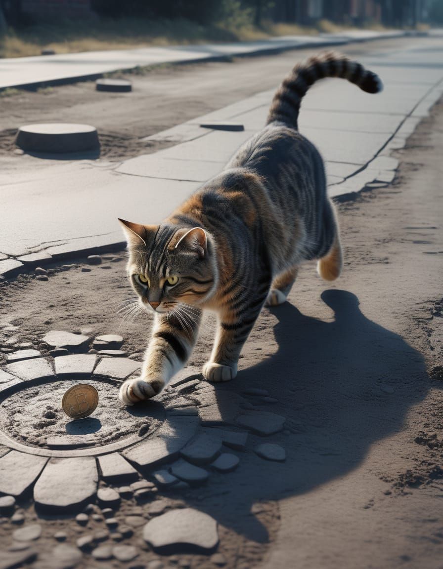 Coin Rolls Alongside a Curious Cat in a Dreamlike, Surreal S...