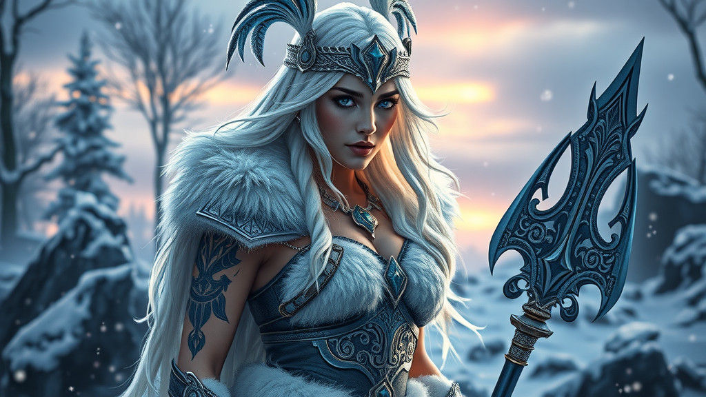 Mystic Valkyrie on Winter Battlefield, Hyperrealistic Digita...