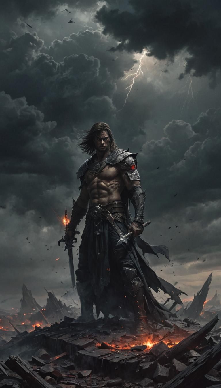 Warrior Amidst Shattered Remains in Dark Fantasy Style