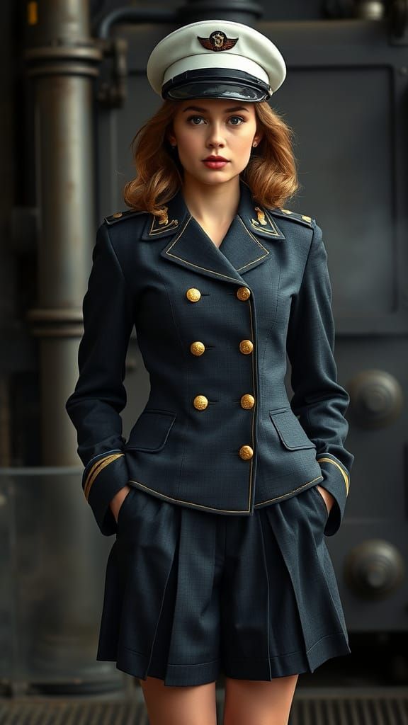 Young woman, light-skinned, mid-20s, wearing a dark gray military-style uniform inspired by vintage naval officer attire...