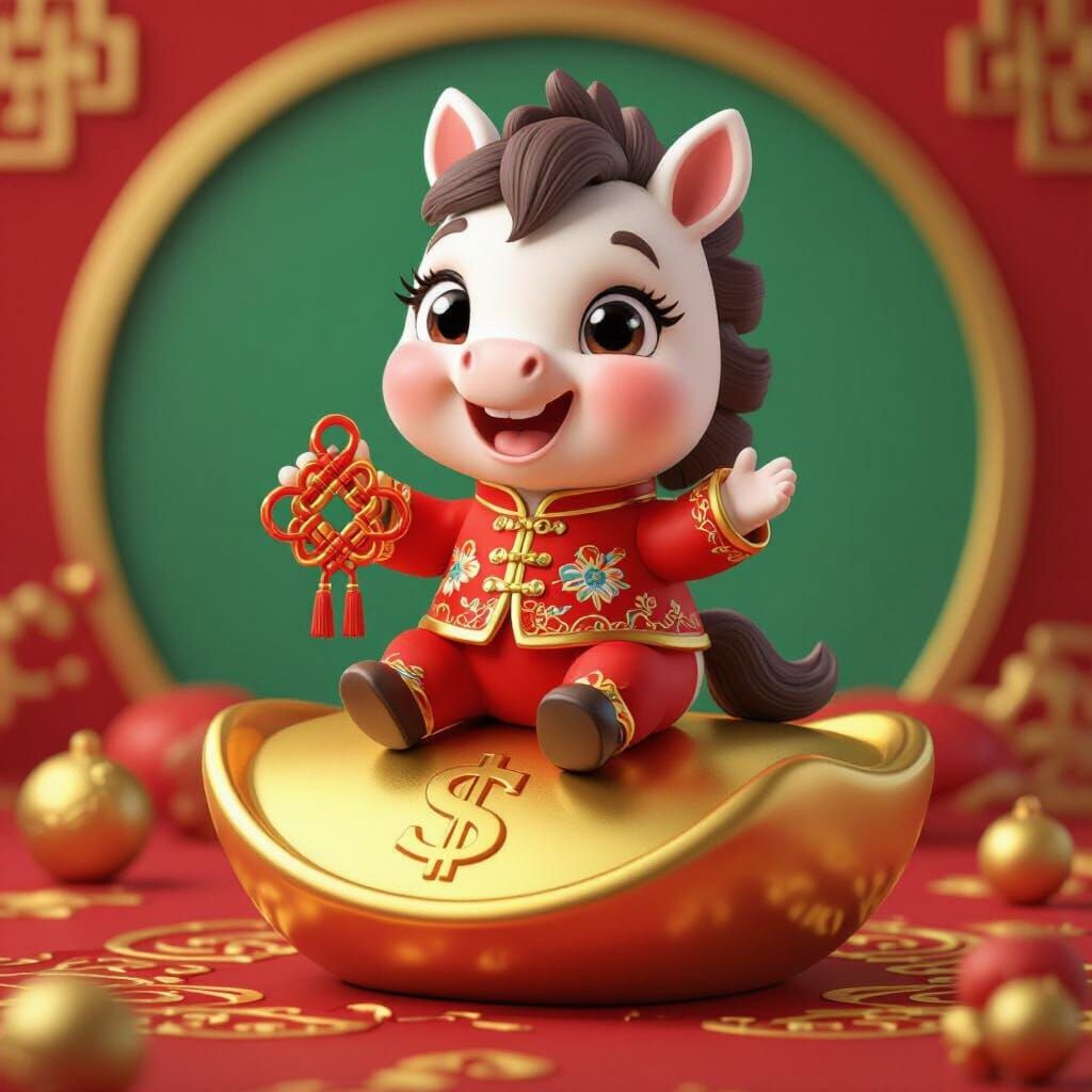 Cute Q-Version Horse on Gold Ingot for Chinese New Year