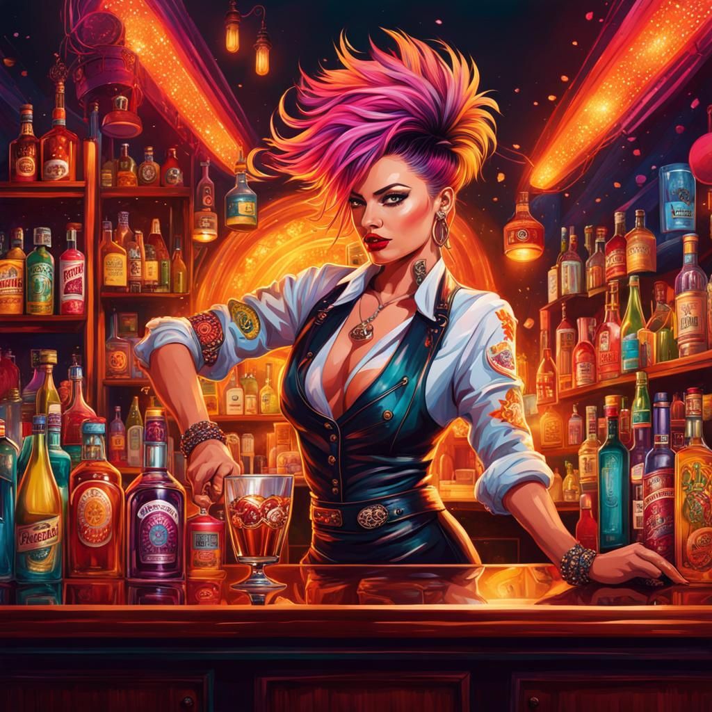 Colorful Bartender Illustration in Maximalist Style