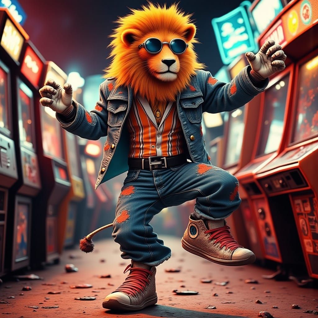 Vibrant Breakdancing Lion in 80s Arcade Style