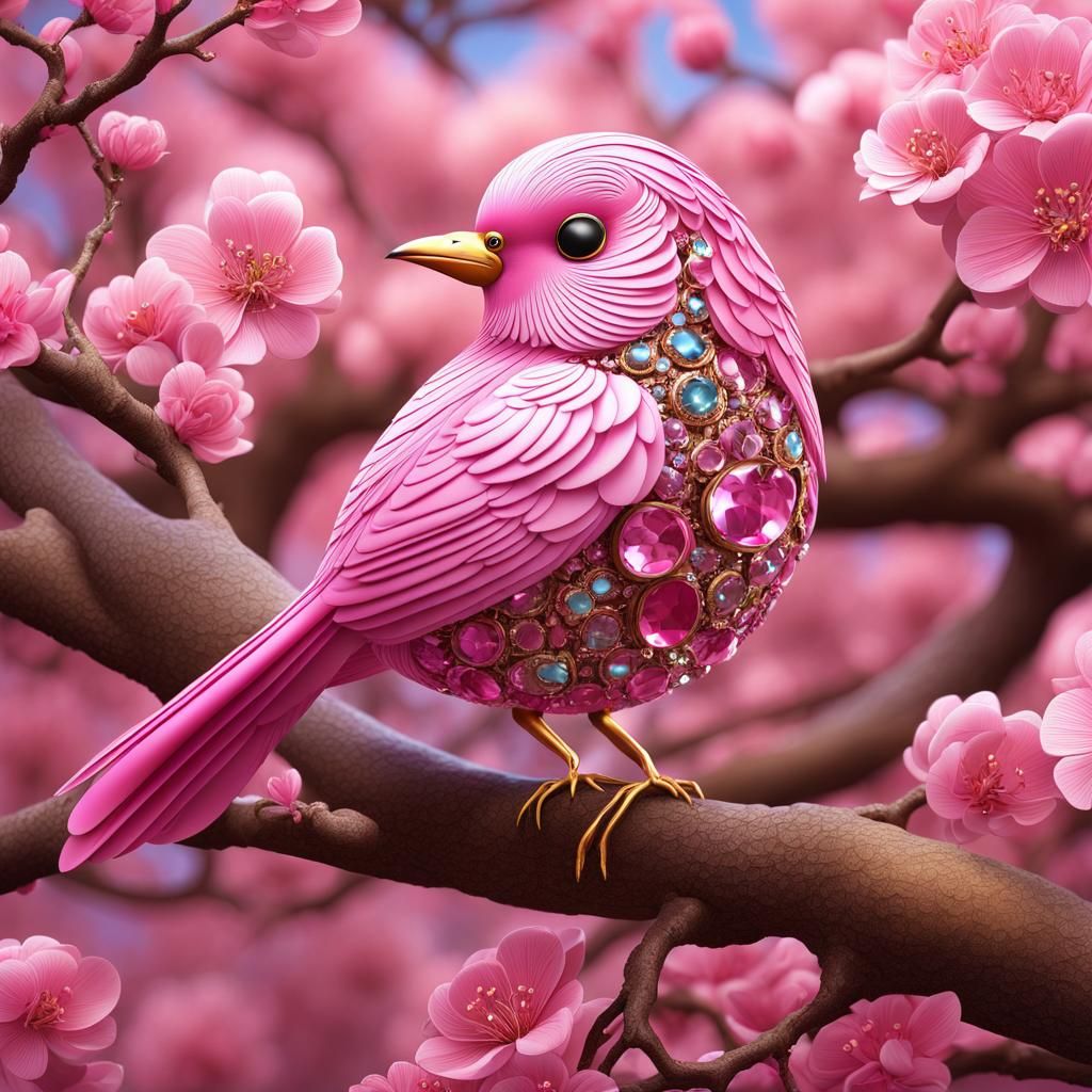 3D masterpiece :: An pretty graceful pink Bird with jewels on its feathers is sitting on a Sakura tree seeing her young ...