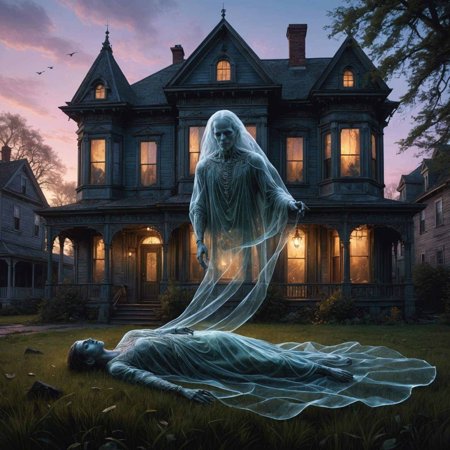 Ethereal Spirit Above Victorian House in Digital Painting