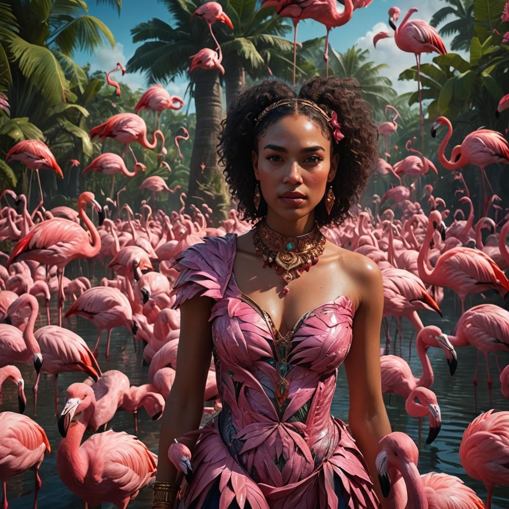 Caribbean Goddess Surrounded by Pink Flamingos