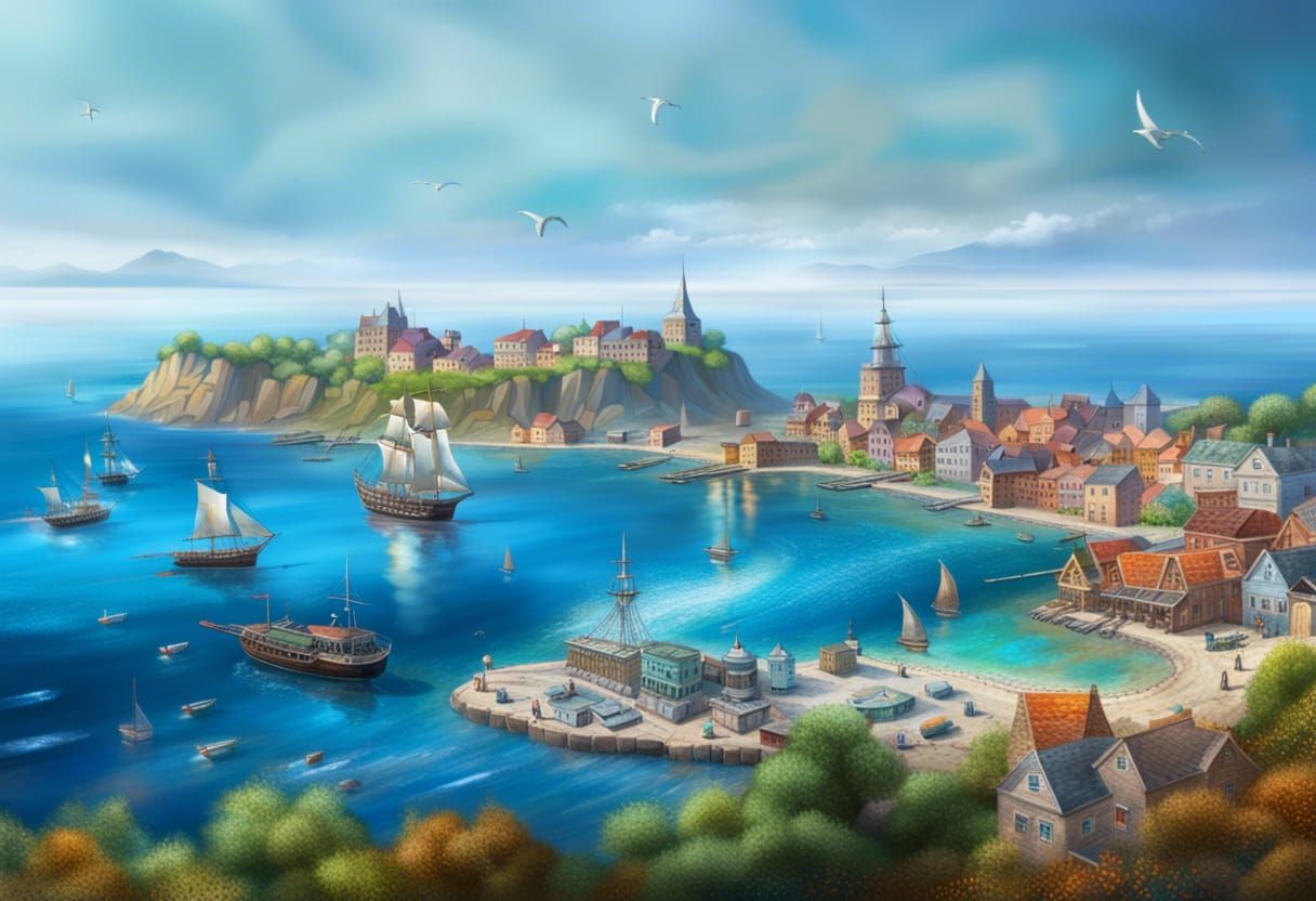 Hyperrealistic Seaside Town with Sailing Ships