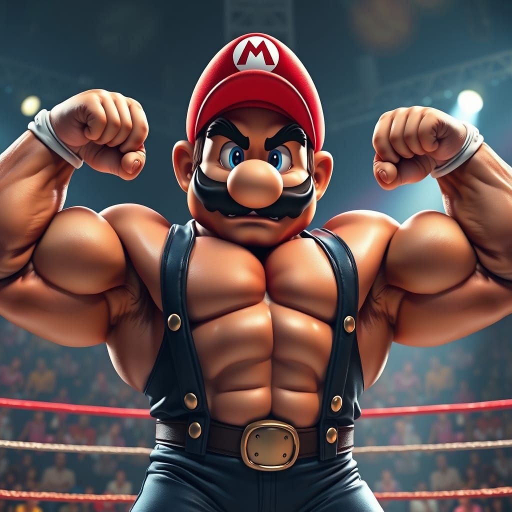 Muscular Mario in Wrestling Ring, Hyperrealistic Style
