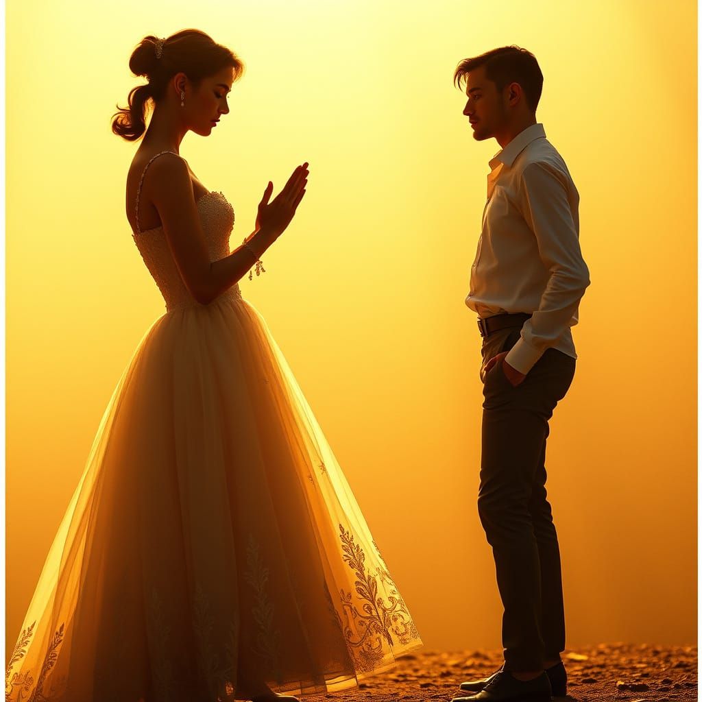 Couple's Elegant Curtsy in Dramatic Cinematic Lighting