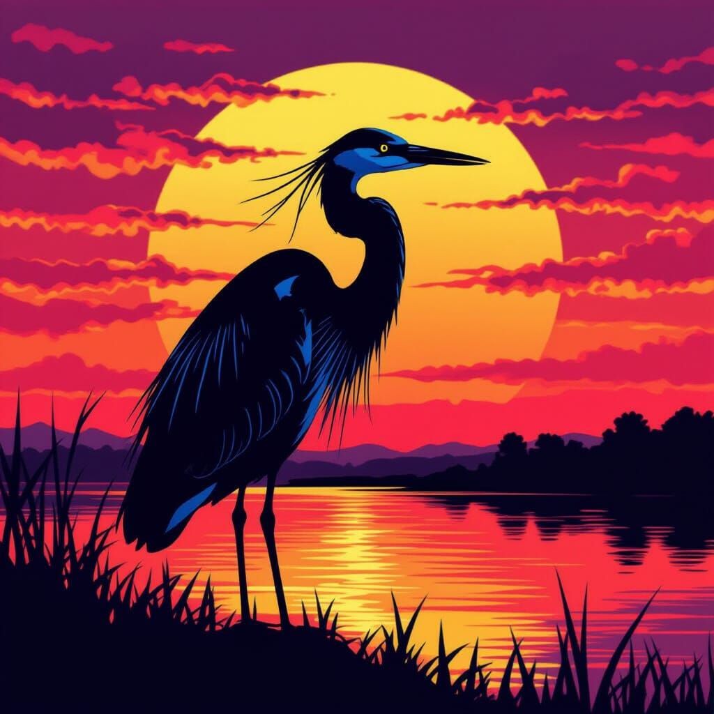 Maryland Heron Silhouette Against Vibrant Sunset Sky