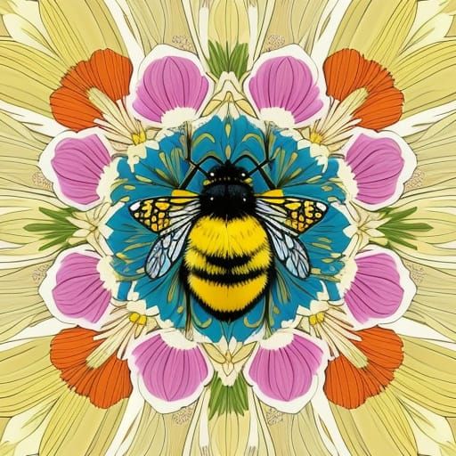 Whimsical Bumblebee Sleeping in Flower, Digital Illustration