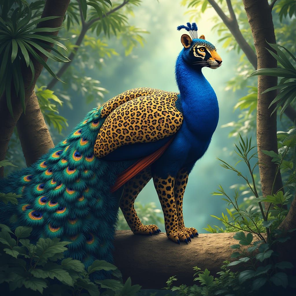 Leopard-Peacock Hybrid in Lush Tropical Forest