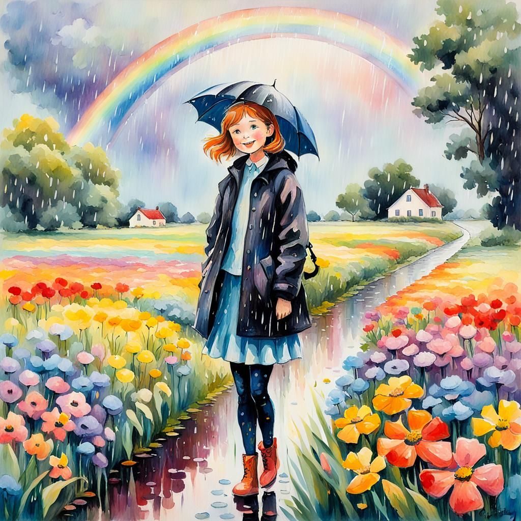 Girl in Rain with Rainbow, Impressionist Oil Painting