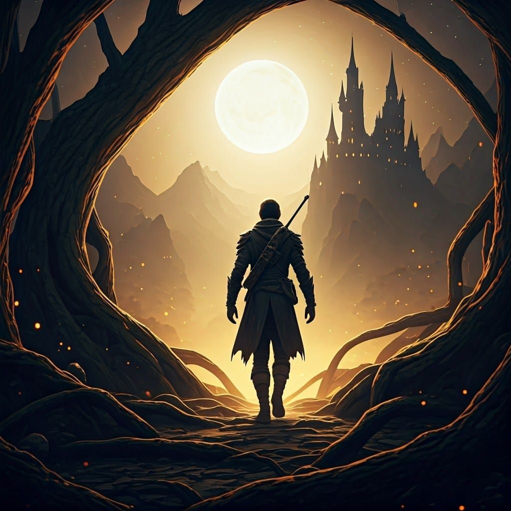 Adventurer in Surreal Sci-Fi Landscape