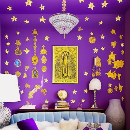 Astrology tarot card Reader themed living room with cosmic ceilings& purple cosmic chandelier & vibrant purple walls wit...