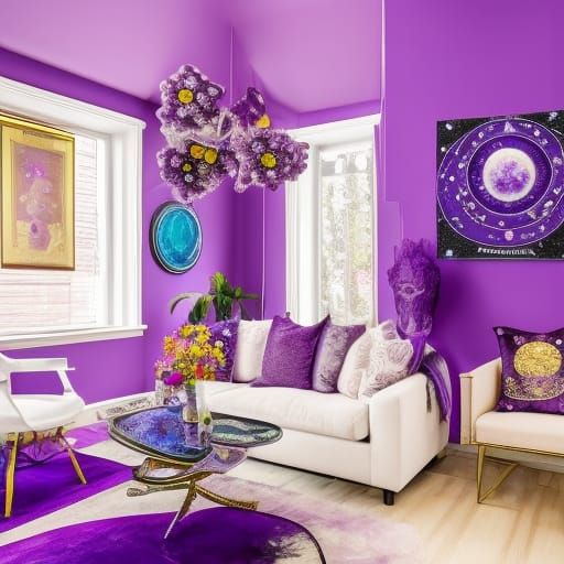 Astrology tarot card Reader themed living room with cosmic ceilings& purple cosmic chandelier & vibrant purple walls wit...