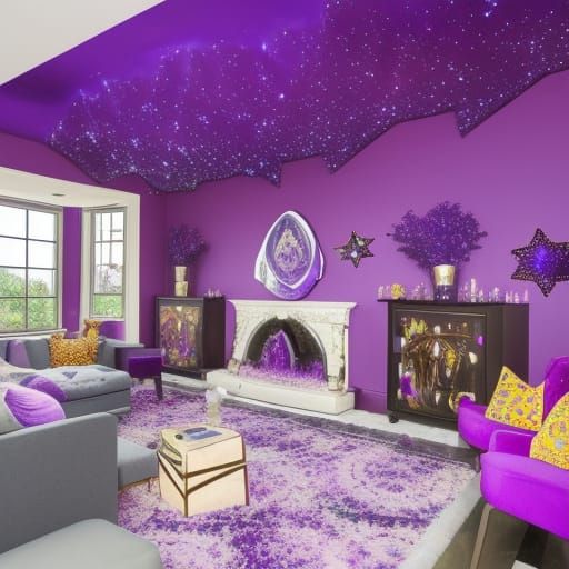 Astrology tarot card Reader themed living room with cosmic ceilings& purple cosmic chandelier & vibrant purple walls wit...