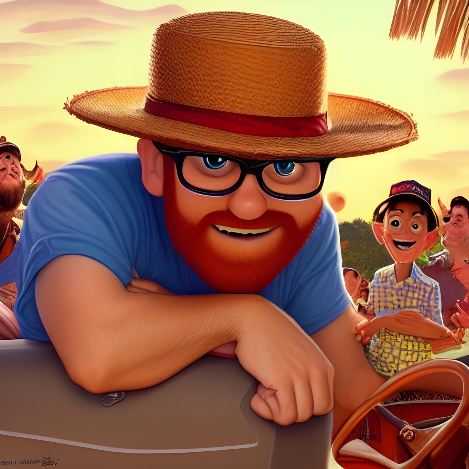 Bearded Man Driving Minivan in Pixar Style