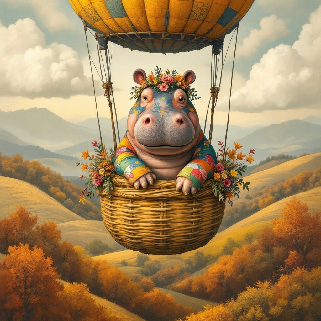 Patchwork Hippo Balloon Flight Over Autumn Hills