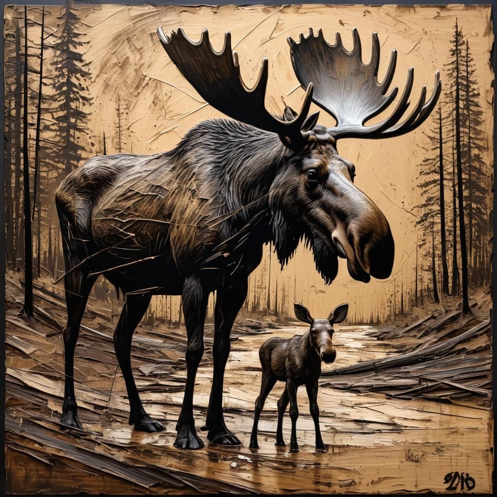 A mother and baby  moose