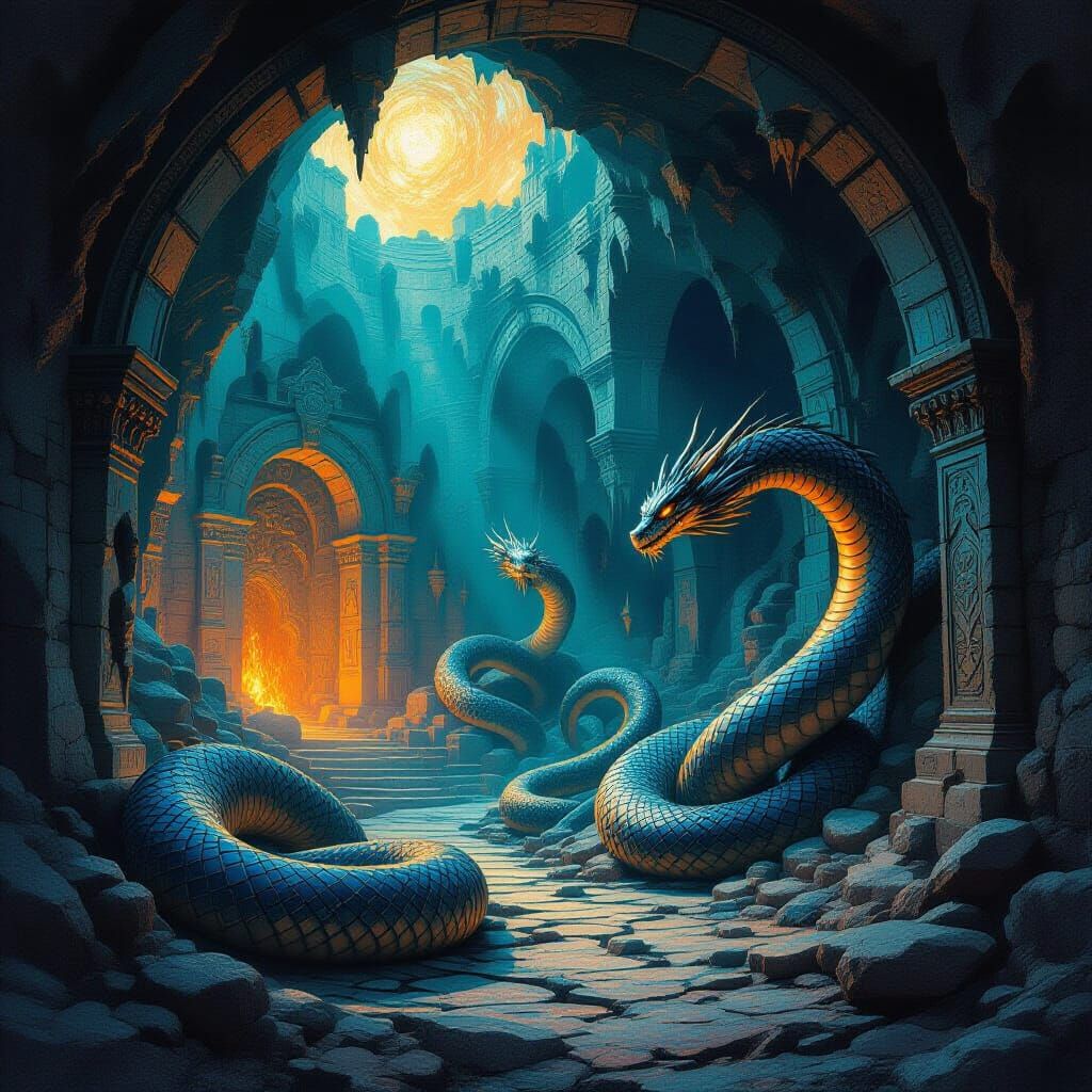 Serpentine Dragons in Abstract Dungeon Scene