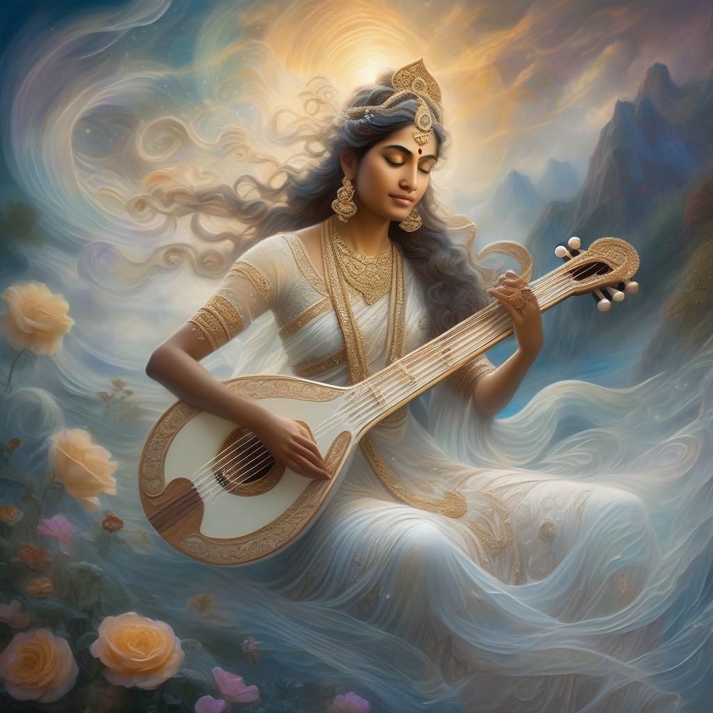 A hyper-realistic beautiful Goddess Saraswati holding a sita...