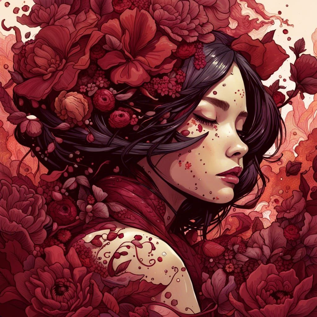 Girl in Burgundy Flowers: Hyperrealistic Digital Art