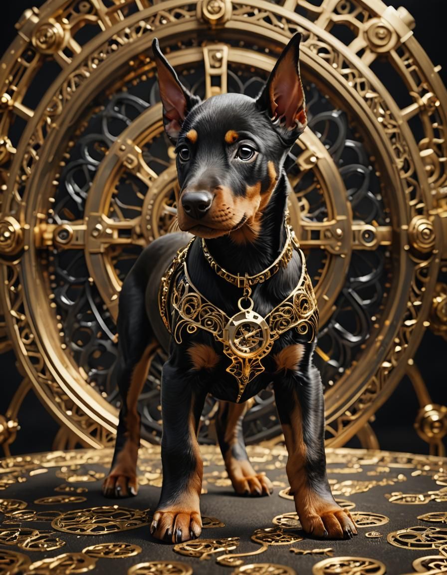 Gold clockwork Doberman pup in golden filigree