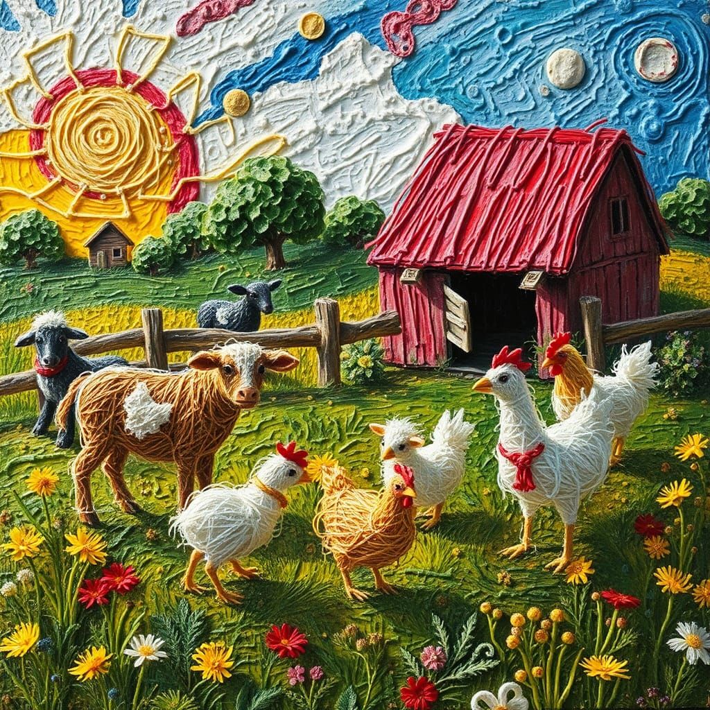 Whimsical String Farm Animals in Impressionistic Landscape