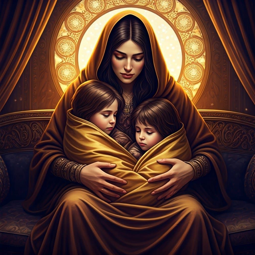 Cozy Mother and Children in Art Nouveau Style