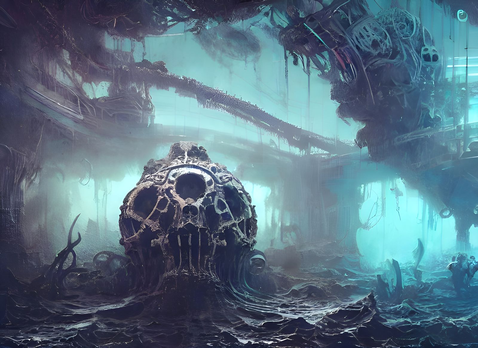 Mechanical Skulls and Bones Underwater: Retrofuturism Art