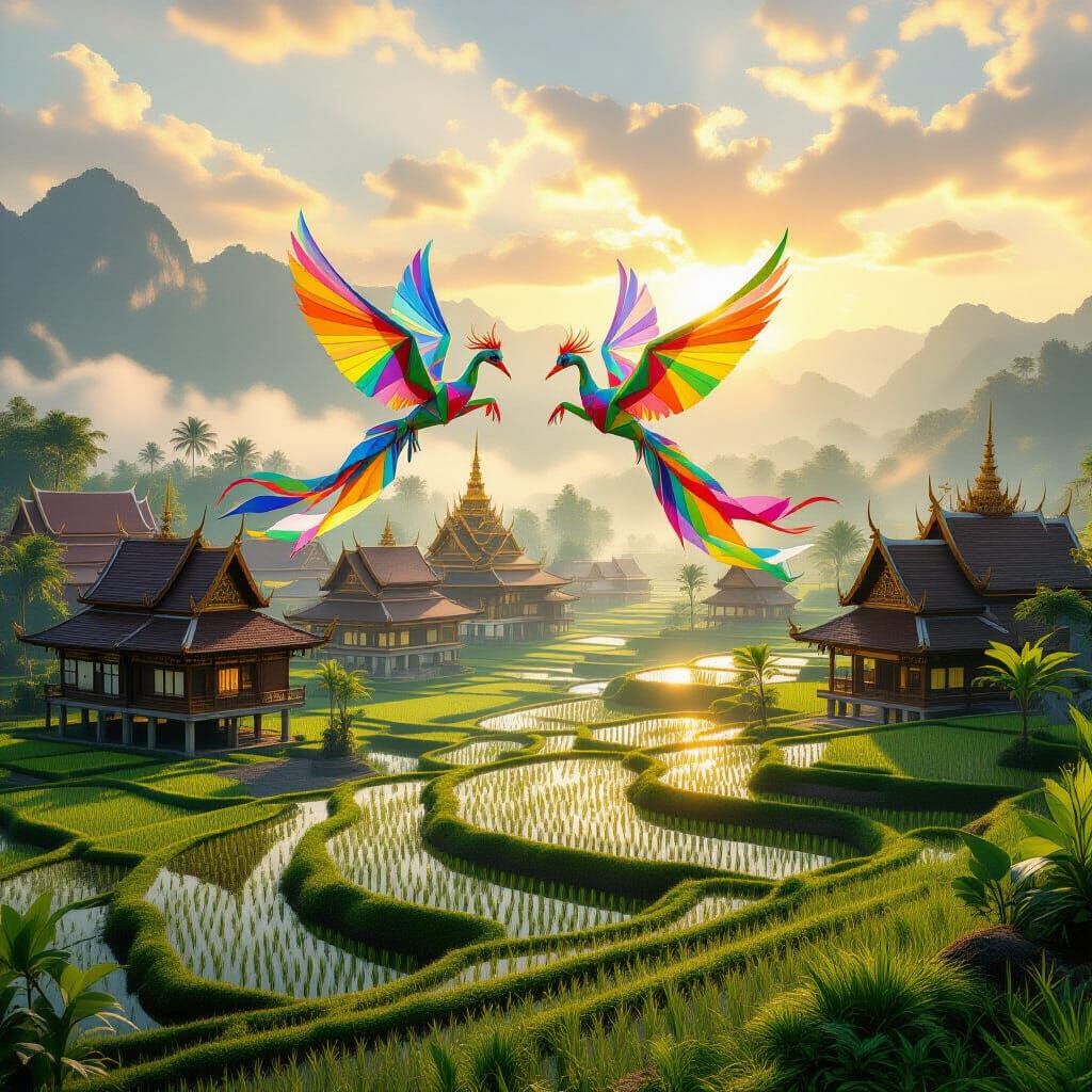Iridescent Origami Garudas Dance Above Thai Village