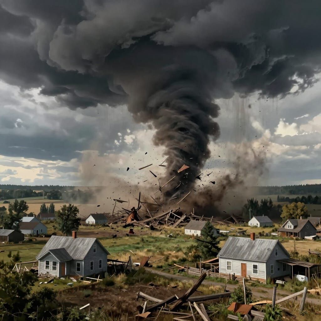 Colossal Tornado Devastates Rural Landscape in Digital Matte...
