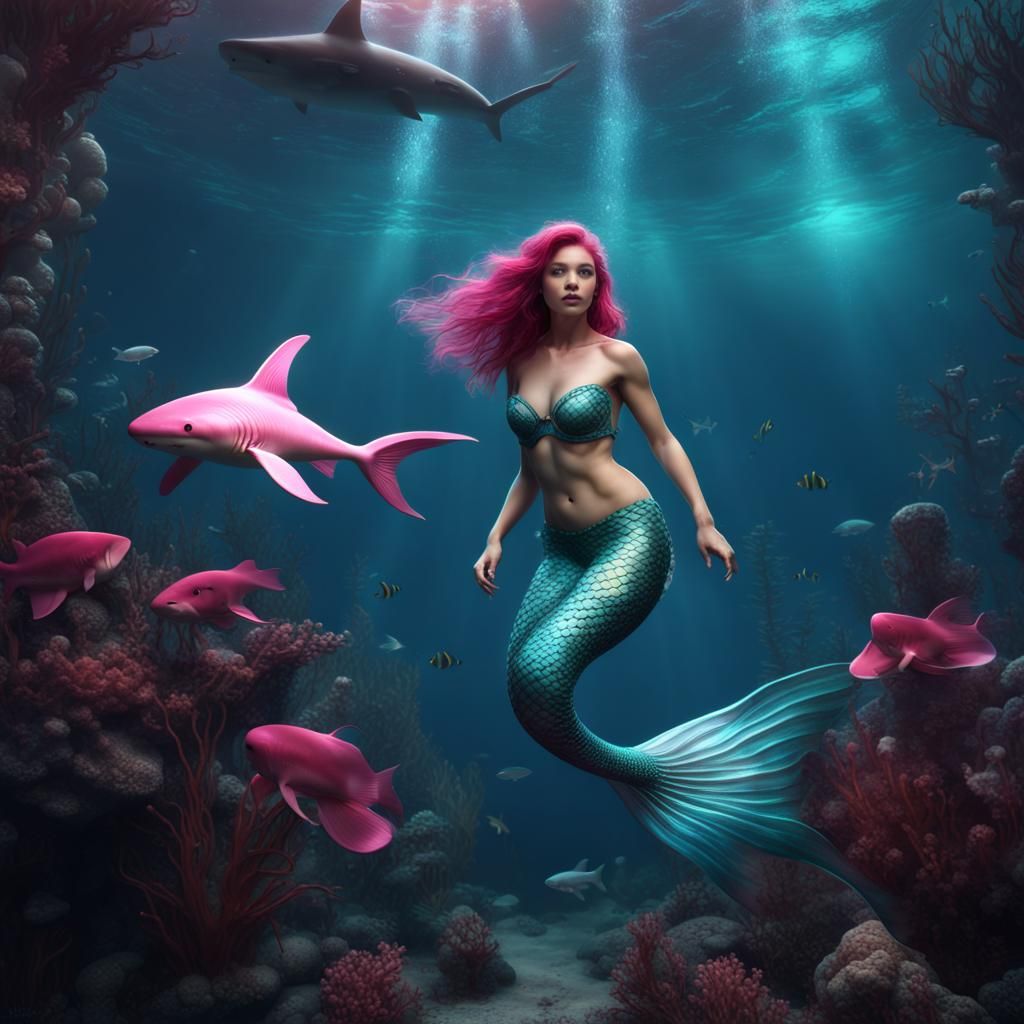 Mermaid and Pink Shark Underwater in Detailed Matte Painting