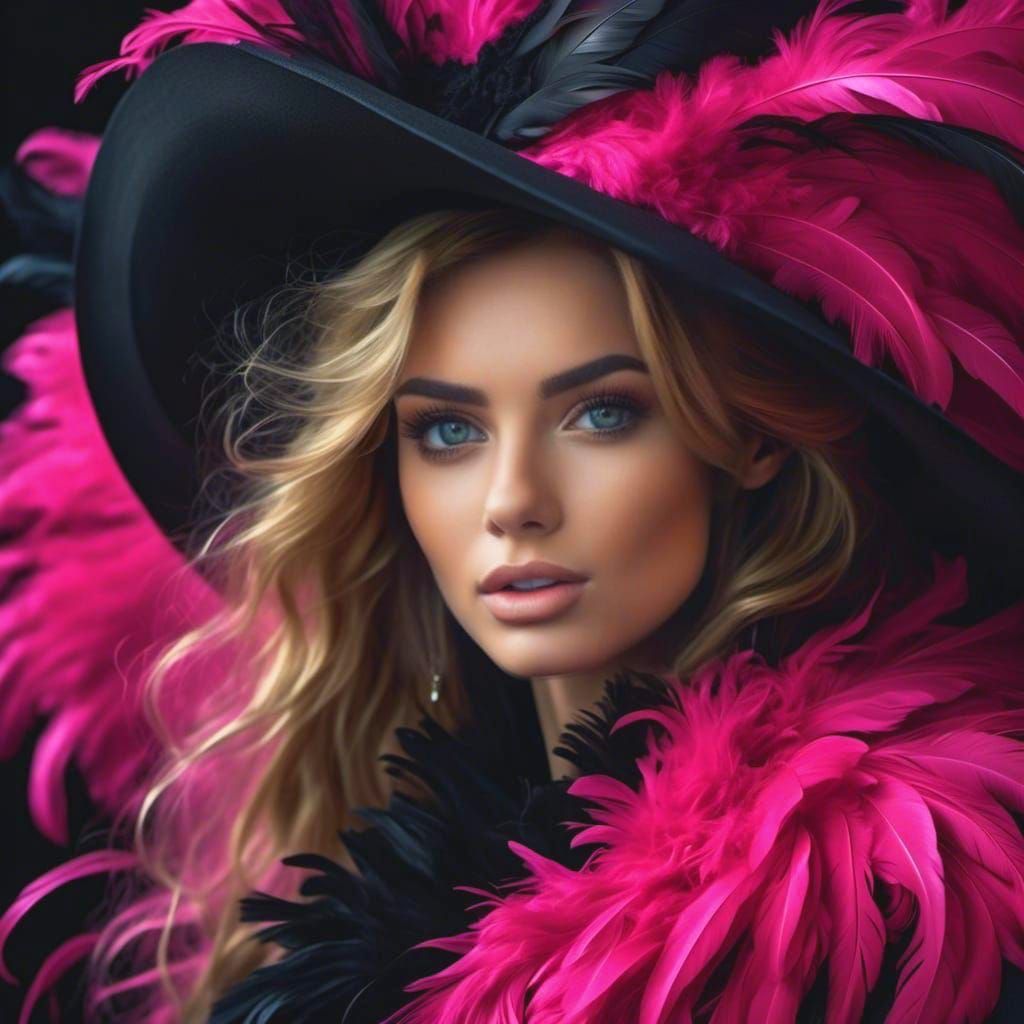 Stunning Woman in Black with Pink Feather Boa