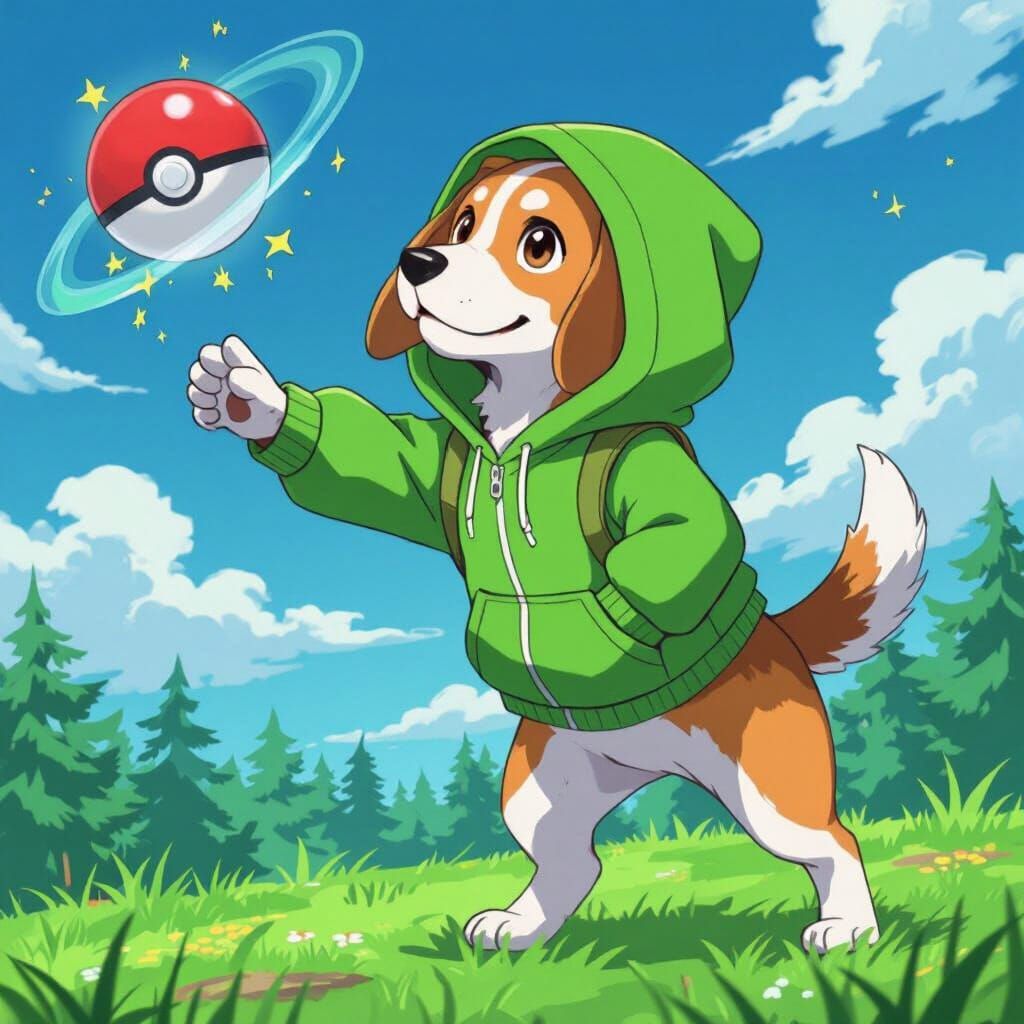 Beagle Ready to Catch Pokémon in Anime Style