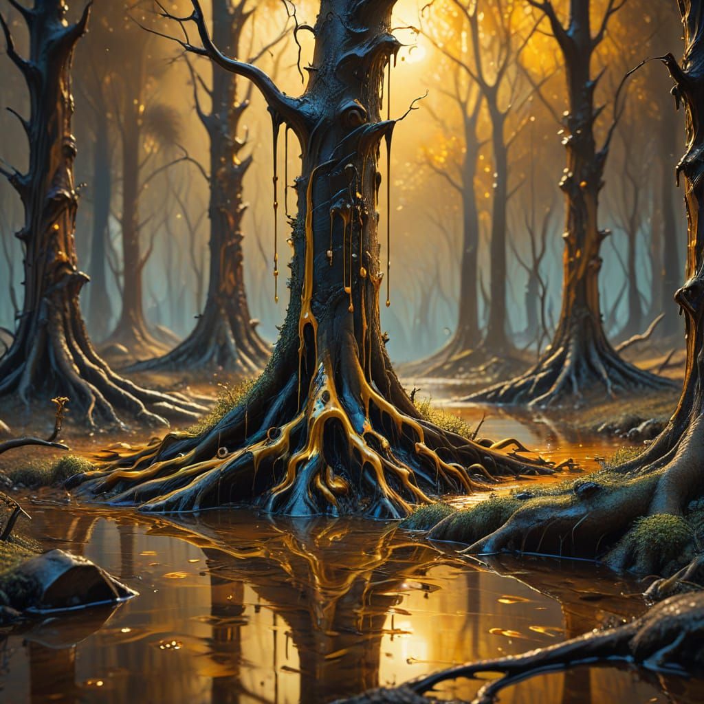 Surreal Melting Trees in Forest, Oil on Canvas
