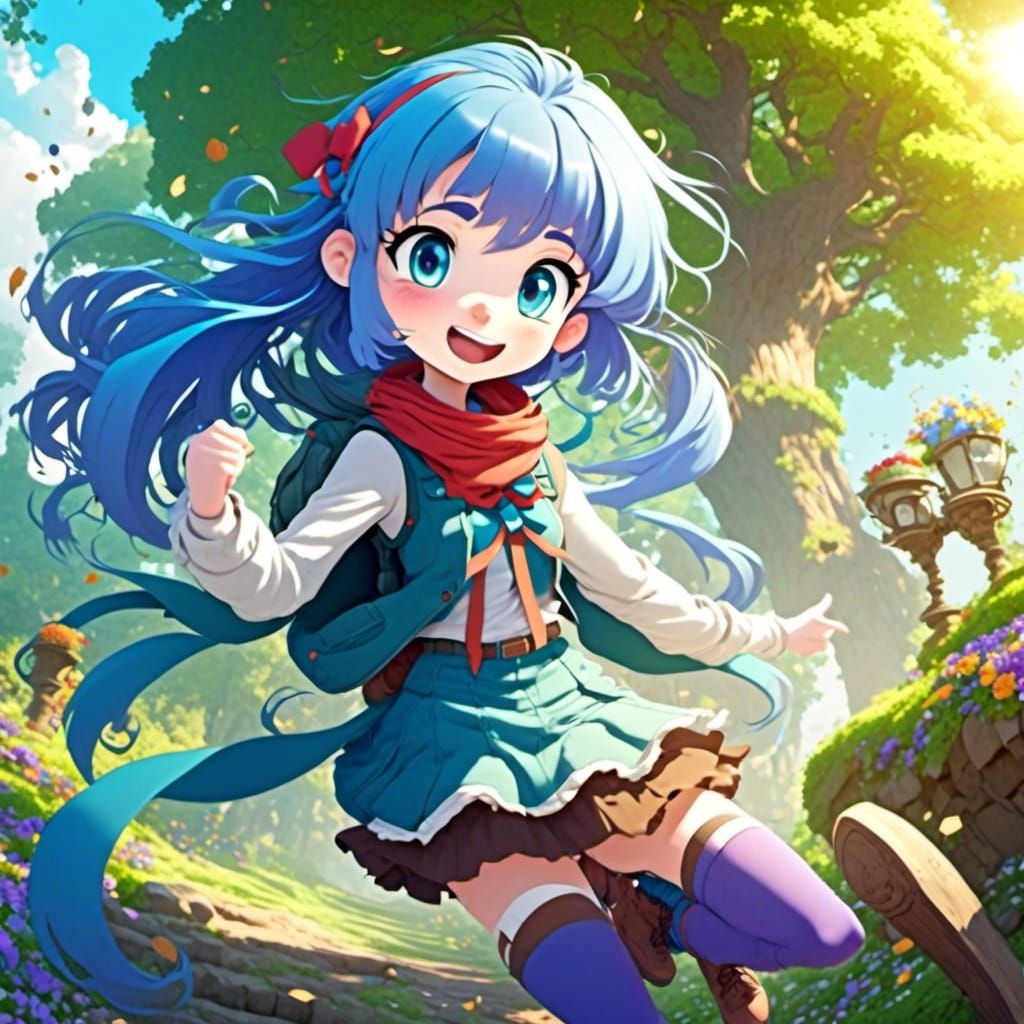 Blue-Haired Cartoon Girl in Enchanted Nature