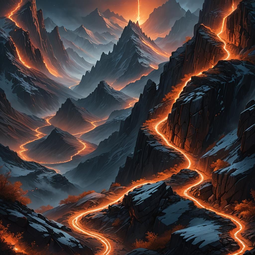 Ethereal Lights Climb Dark Mountain Path