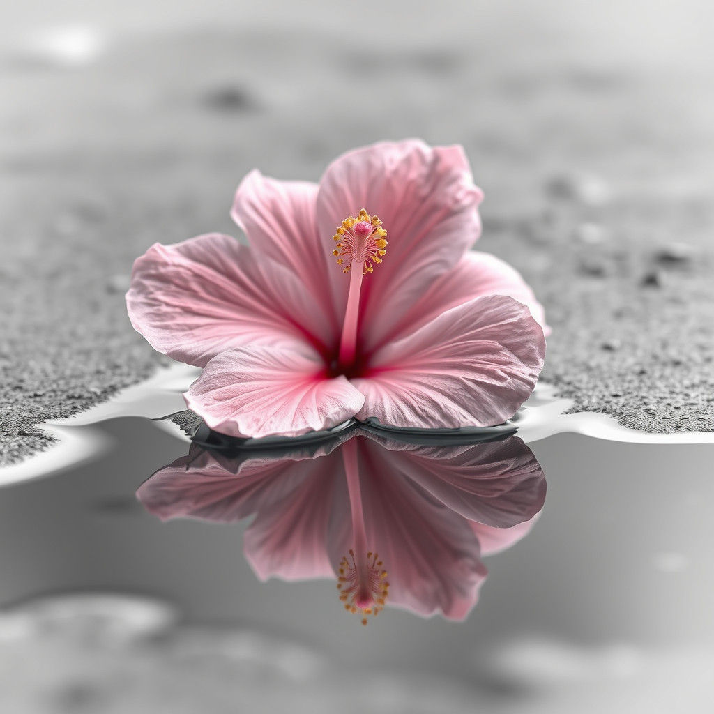 Pink Hibiscus Reflecting in Monochrome World