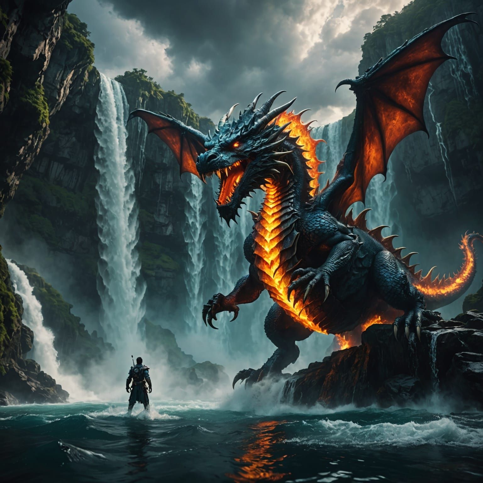 Epic Underwater Dragon and Waterfall Scene
